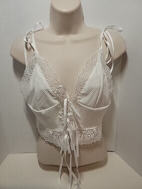Womens Lace White Tie Blouse Tank Top Corset Type Tie Front Size Large